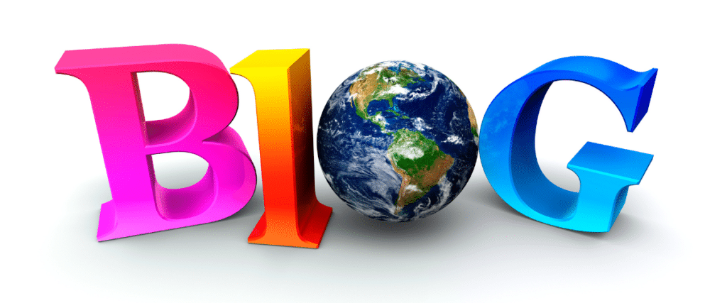 The word BLOG spelled out with a globe as the O. Feature image for article writing a blog.