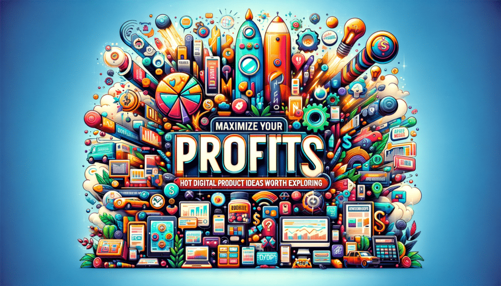 Colorful collage of various digital products including software, apps, e-books, and online courses, representing innovative ideas for maximizing profits in the digital market.