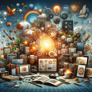 An image depicting a variety of digital product ideas including eBooks, software, online courses, and digital art.