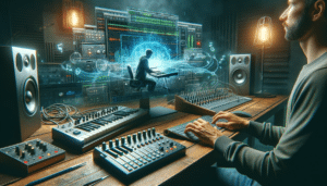 Realistic image of a musician working in a studio, illustrating the creative process in producing music and sound effects as digital product ideas.