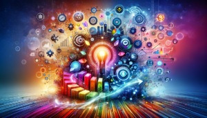 This image encapsulates the vibrant journey of digital product creation, showcasing symbols of ideation, development, and marketing stages. It highlights the concept of master resell rights, reflecting the additional income possibilities. The imagery conveys growth, opportunity, and the forward-thinking nature of the digital economy, with a color palette that's both vibrant and engaging, embodying the spirit of innovation in digital product creation