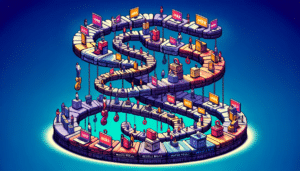 This unique image captures the essence of Master Resell Rights in the digital world, depicting a cascading flow of digital products being passed along a chain of buyers and sellers. Each figure in the chain represents a transfer of resell rights, illustrating how ownership and selling privileges trickle down the sales line. The design is distinct and fresh, with a color scheme that sets it apart from previous images, emphasizing the innovative concept of MRR in the digital economy.
