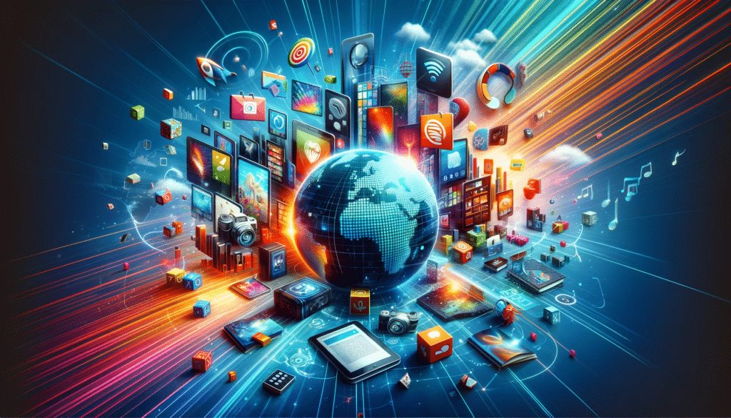 A dynamic illustration of a global digital marketplace showcasing diverse digital products, emphasizing the expansive reach of digital product sales worldwide.