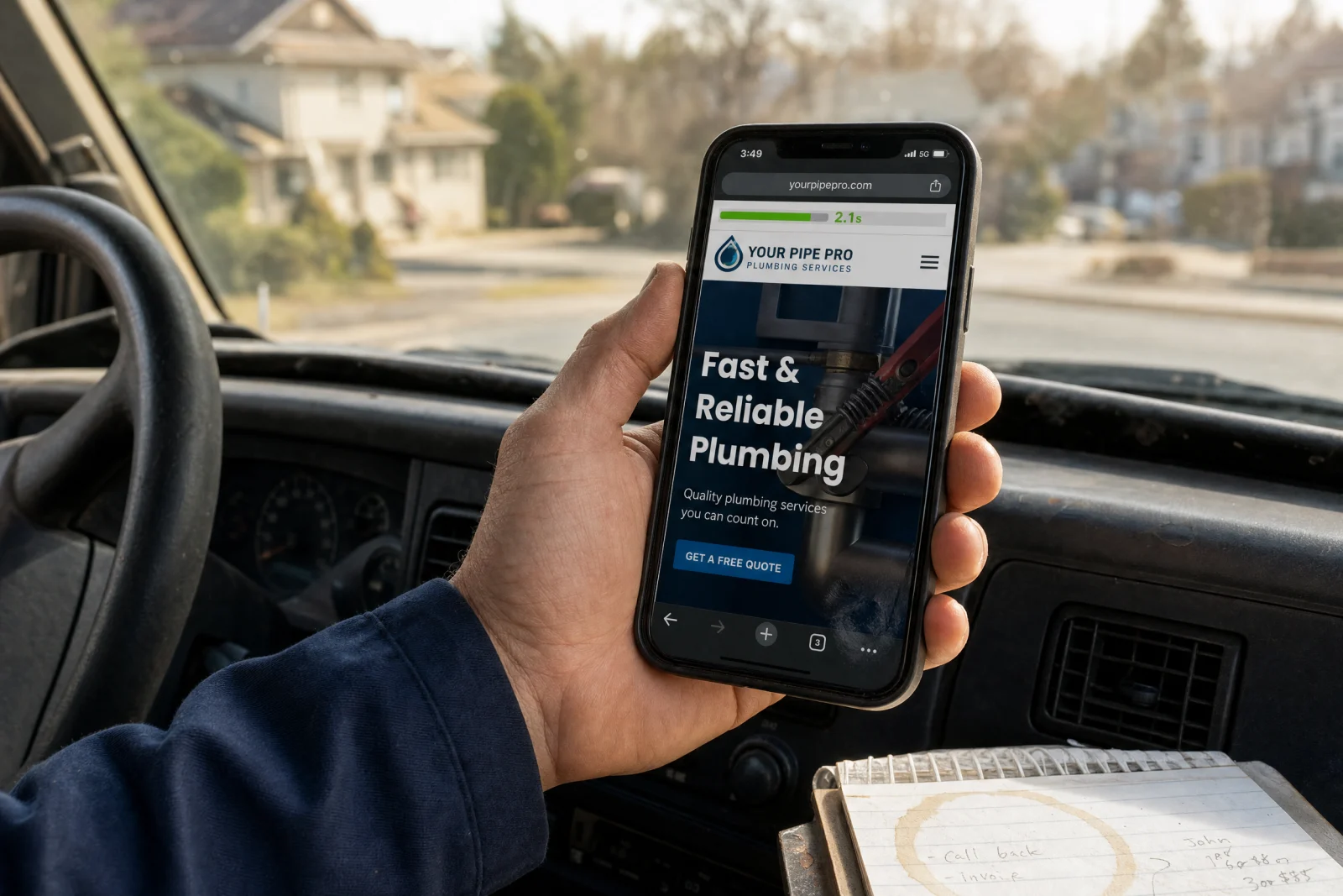 Plumber checking website speed optimization on mobile phone in truck cab during job site visit.