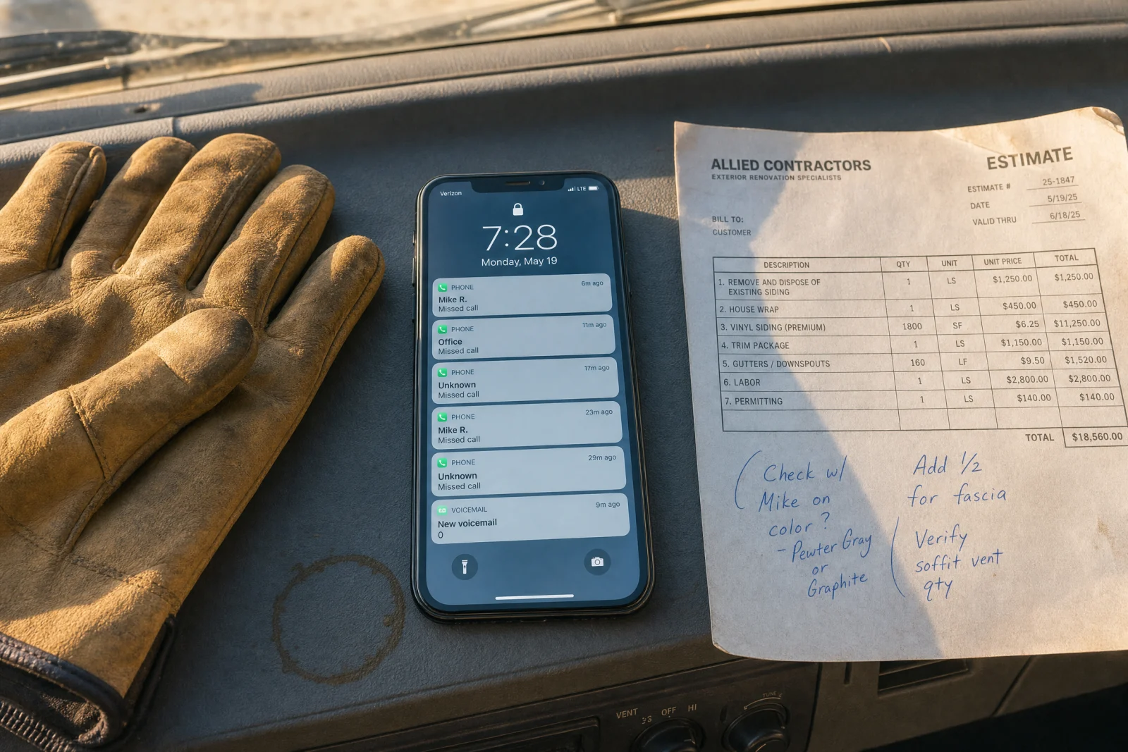 Smartphone on truck dashboard showing multiple missed calls, work gloves, and contractor estimate sheet nearby.