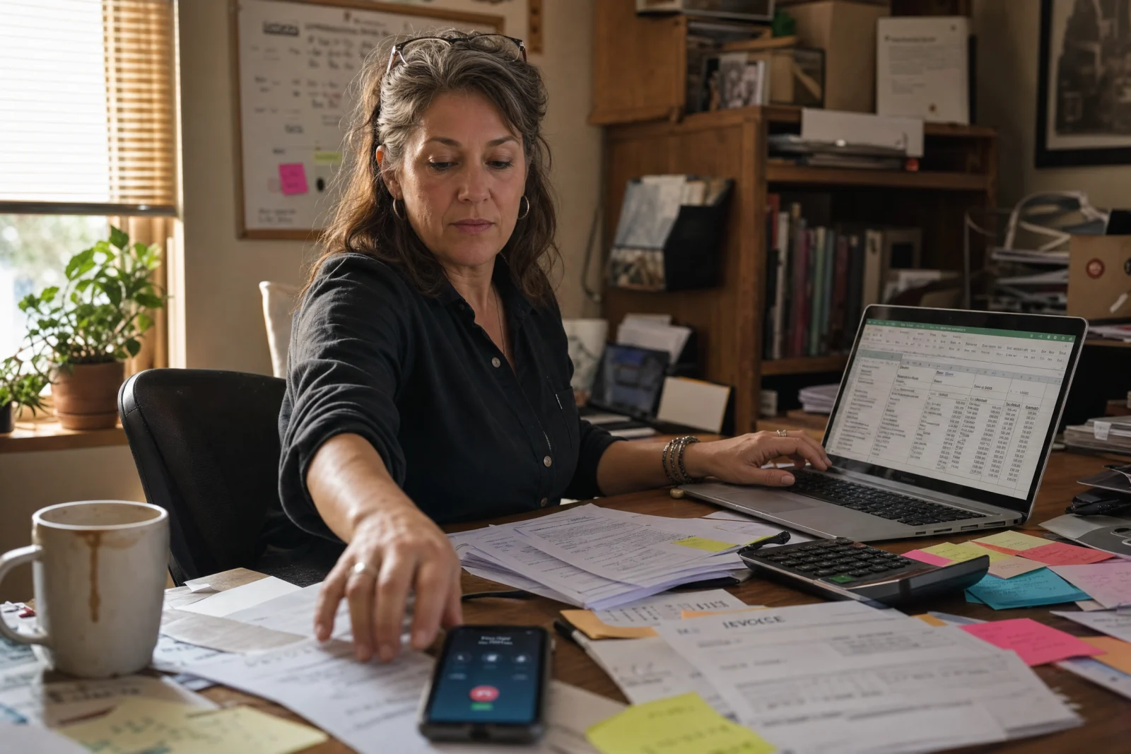 Busy contractor juggling phone calls, invoices, and accounting software at desk