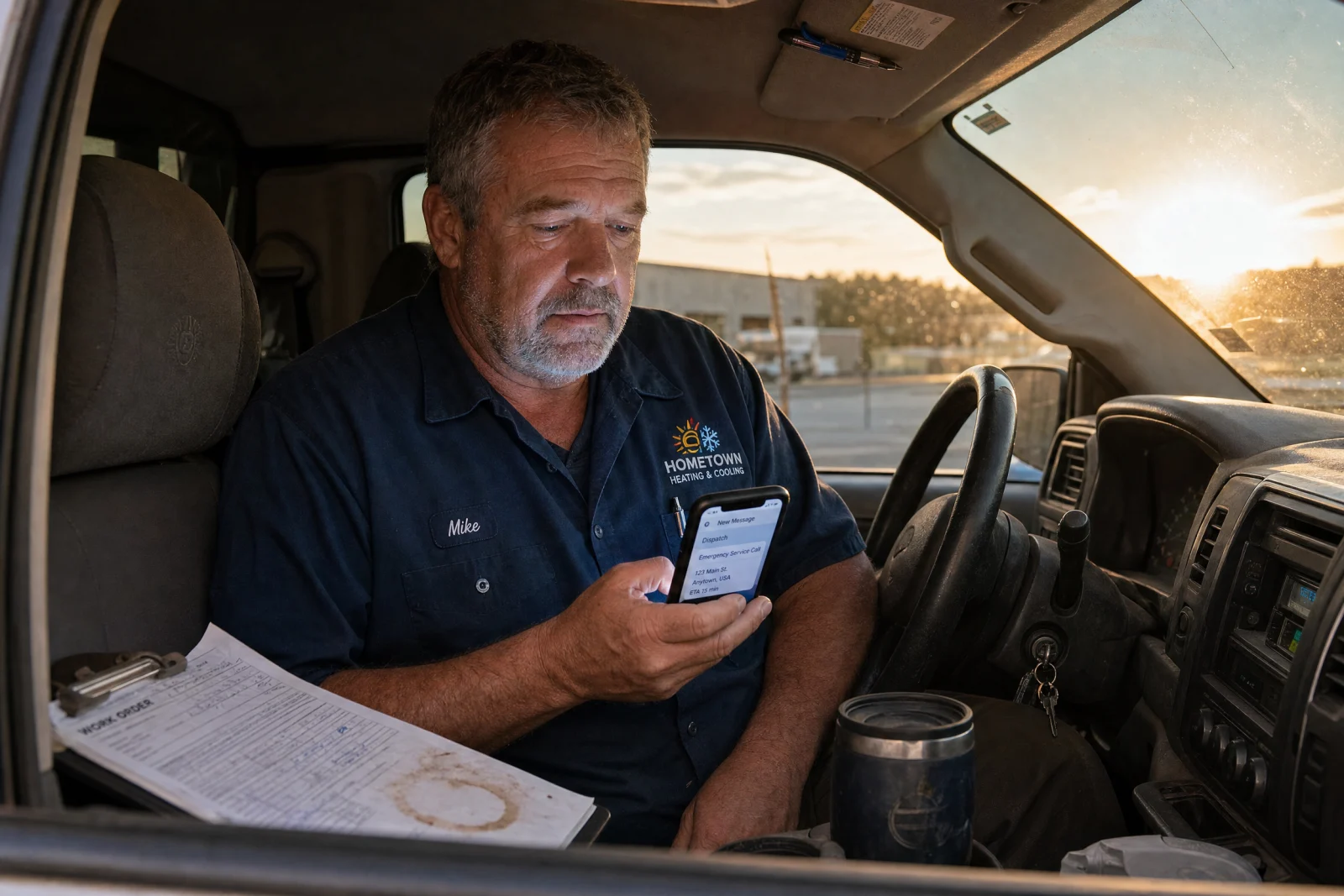 Contractor named Mike in truck cab checking phone message from answering service about incoming call, with paperwork visible.
