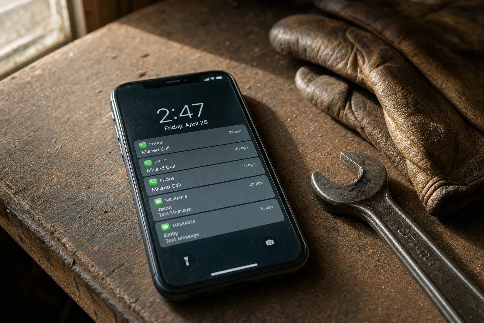 Smartphone displaying missed calls and text messages on workshop counter with tools, representing lost customer leads.