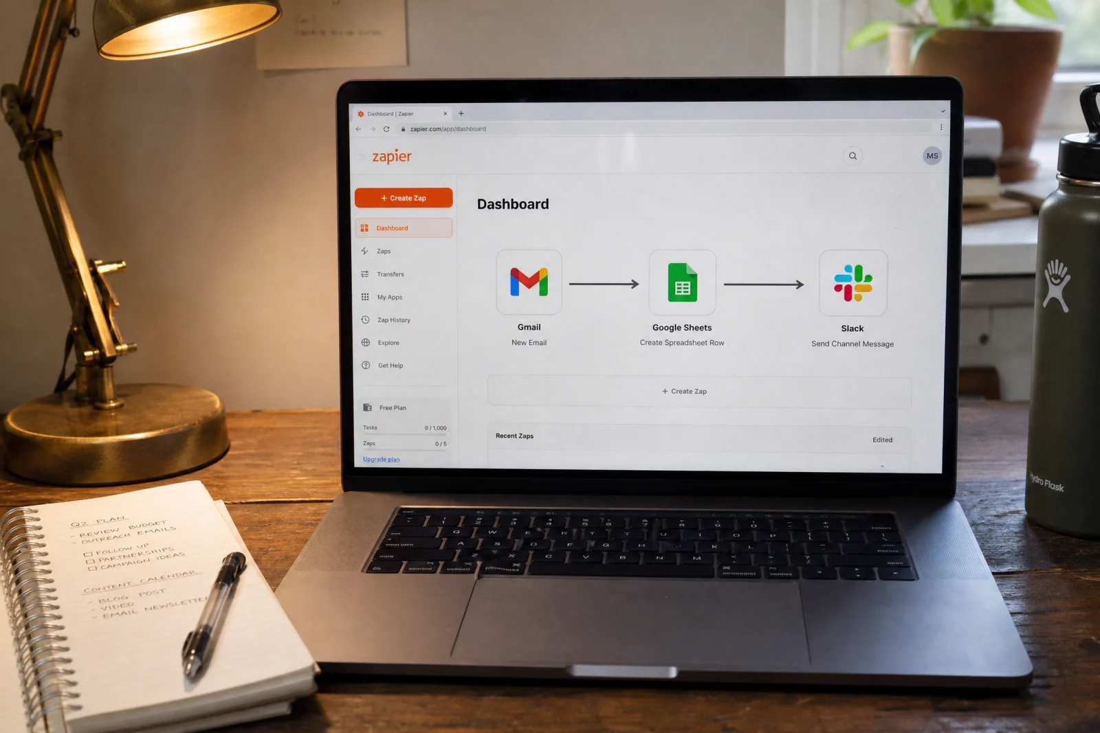 Zapier dashboard displaying business automation services workflow connecting Gmail, Google Sheets, and Slack on laptop.