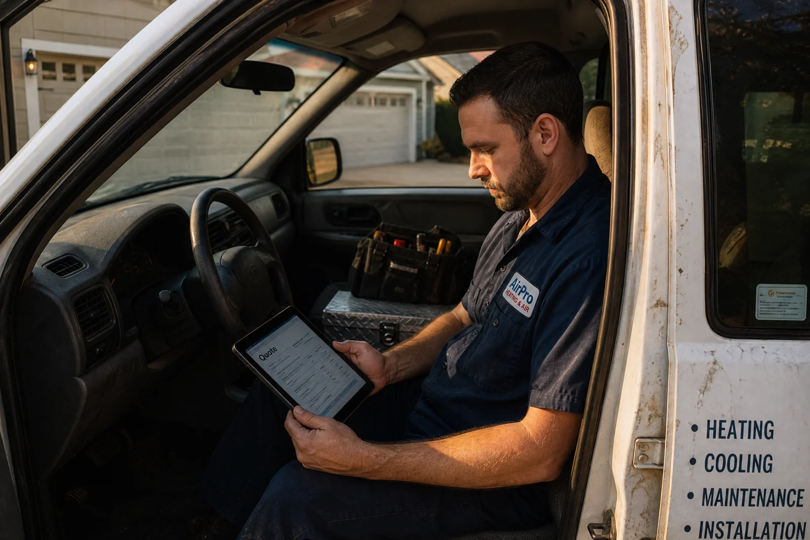 HVAC technician in work van using tablet to create customer quote from residential driveway.