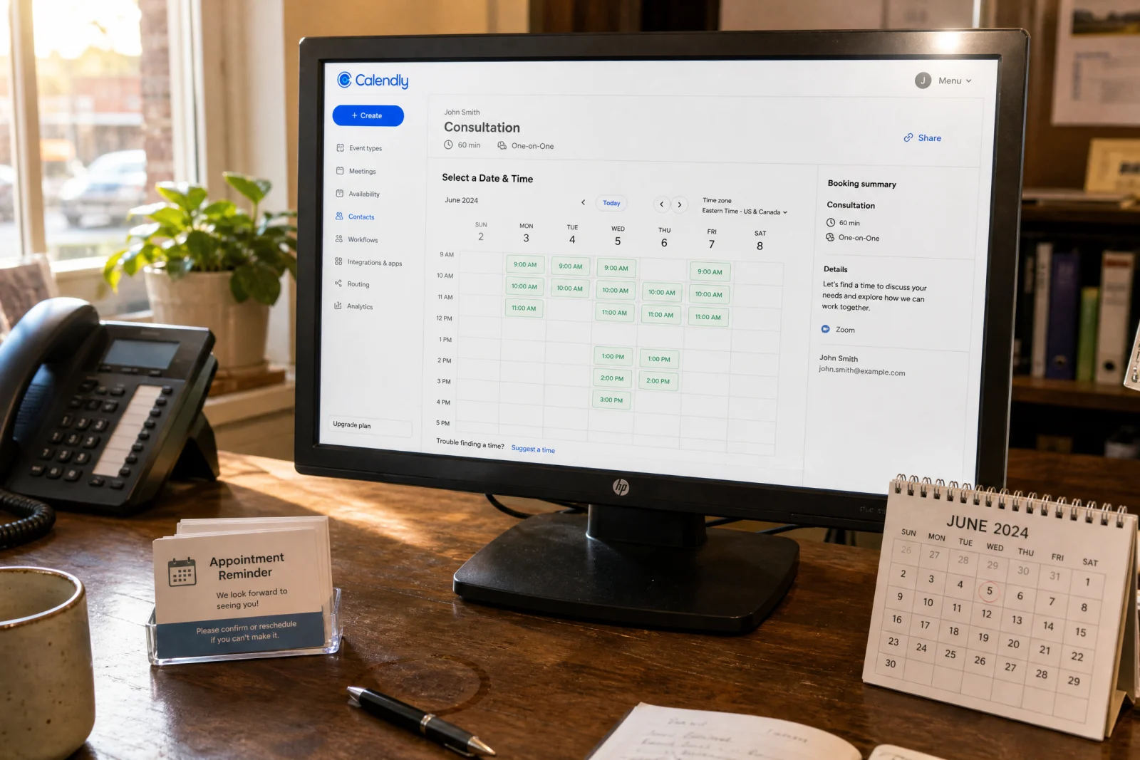Calendly scheduling interface displayed on desktop monitor in service business office with appointment reminder card