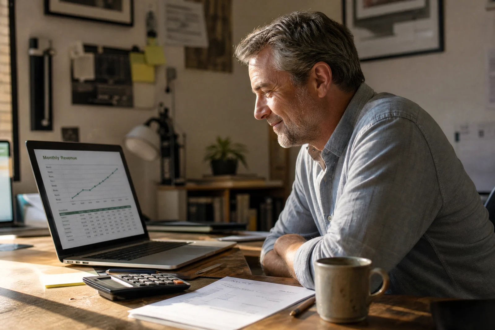 Service business owner reviewing monthly revenue growth chart on laptop at desk with calculator and coffee.