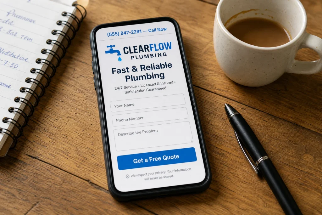 Smartphone displaying contractor landing page with contact form, representing wasted ad spend contractors lose through poo...