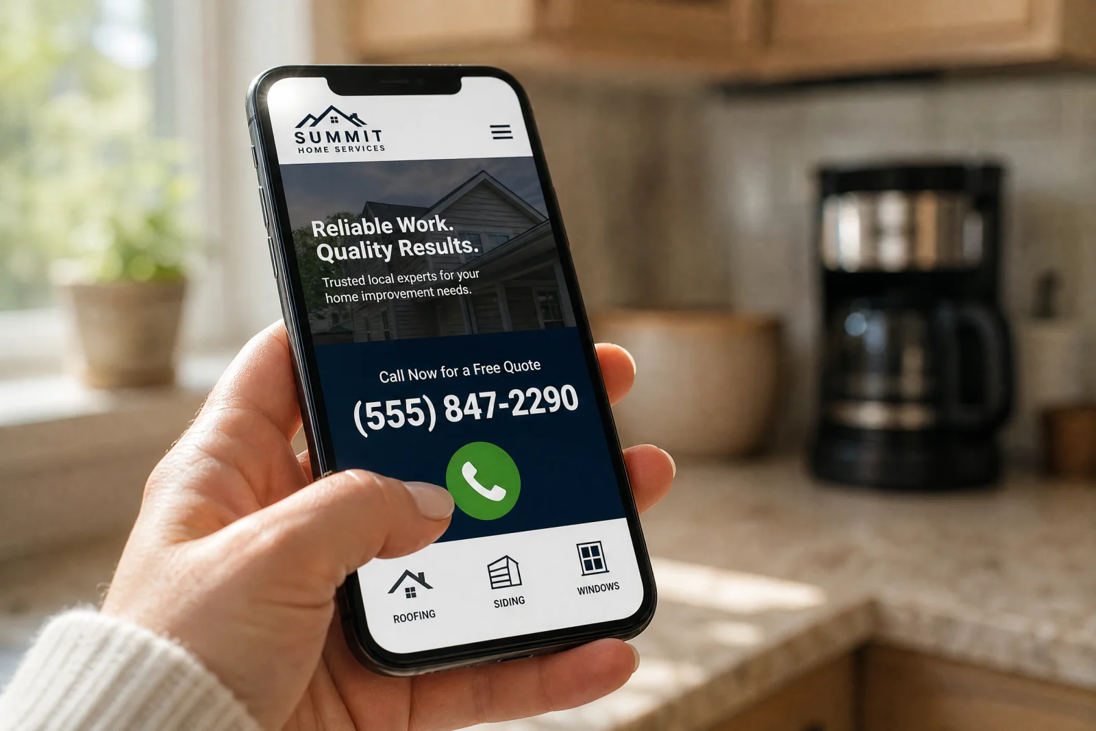 Hand holding smartphone displaying Summit Home Services website with prominent click-to-call phone number and service