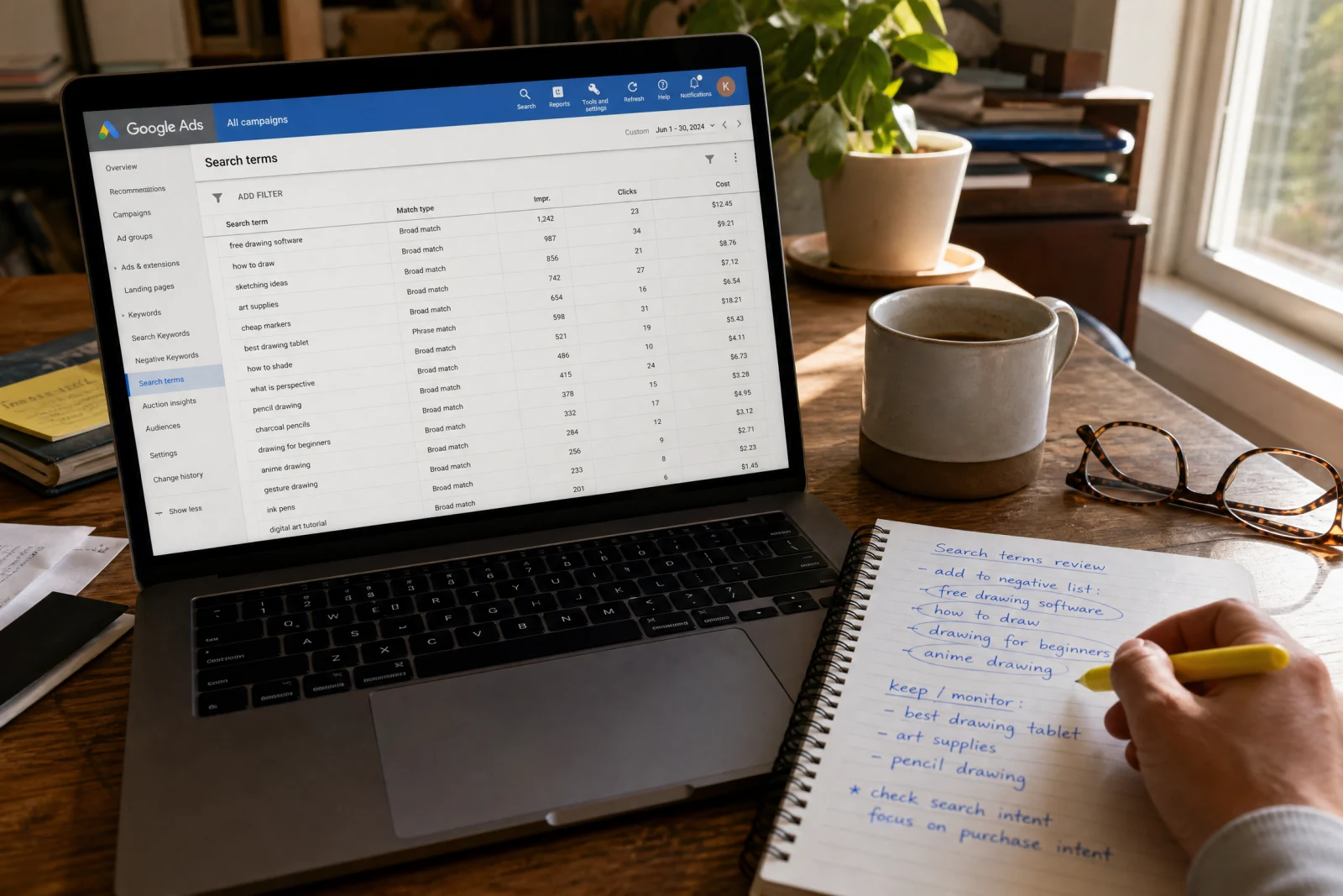 Google Ads search terms report on laptop with notepad listing negative keywords to reduce wasted ad spend.