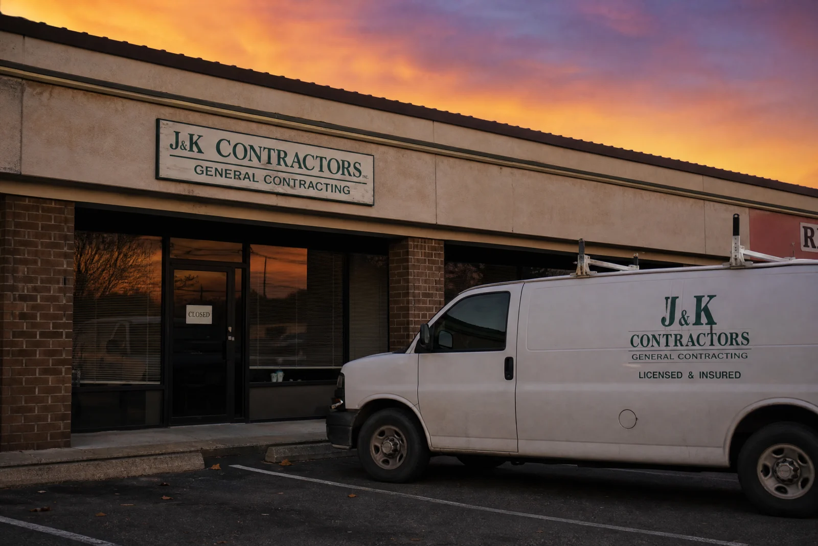 J&K Contractors storefront with closed sign and work van at sunset