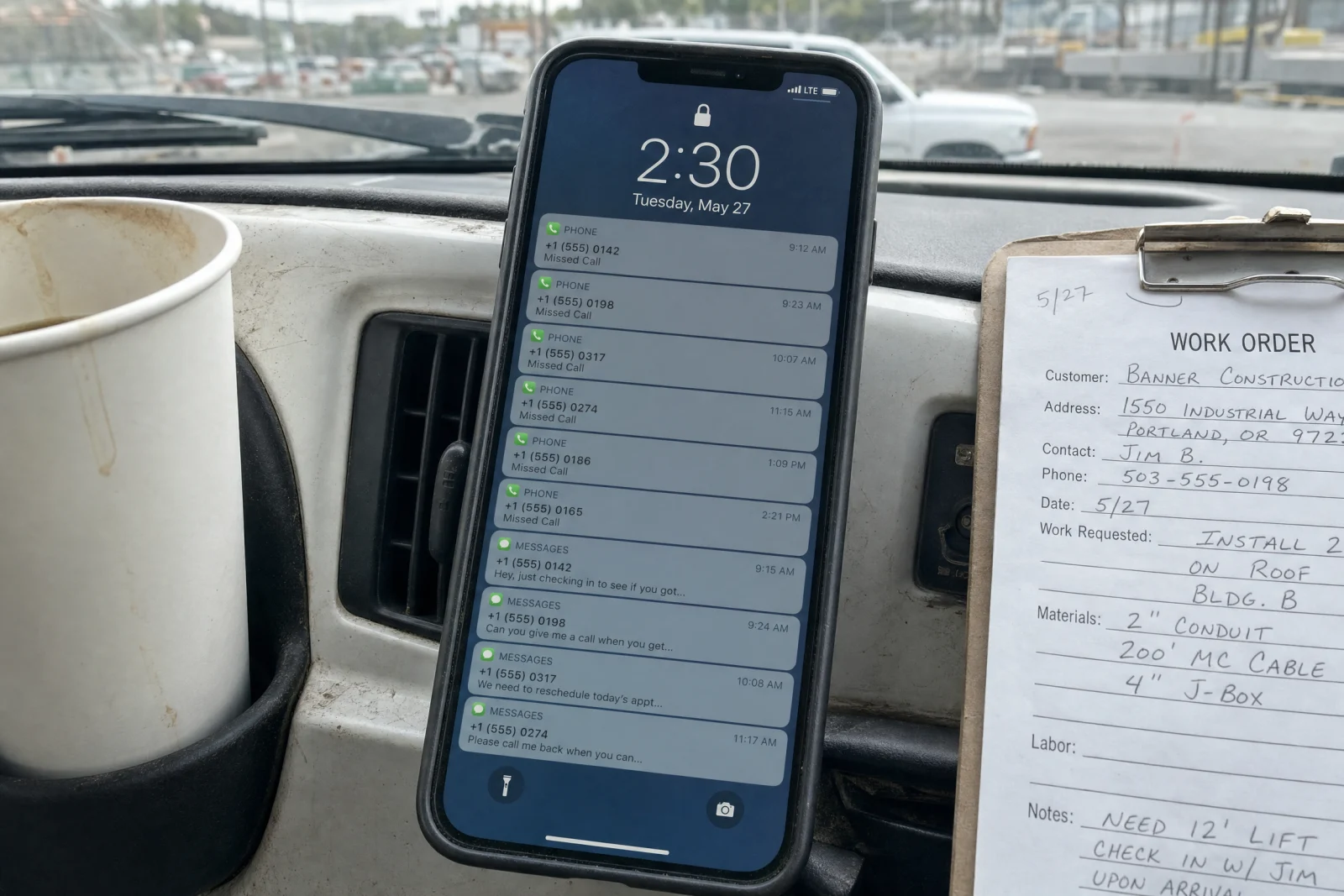 Smartphone on truck dashboard showing multiple missed calls and messages, with work order visible