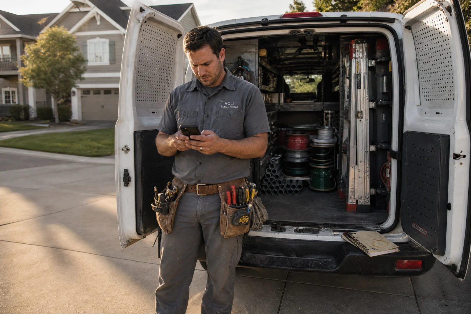 Electrician checking phone beside work van in residential driveway, representing missed lead follow-up opportunities.