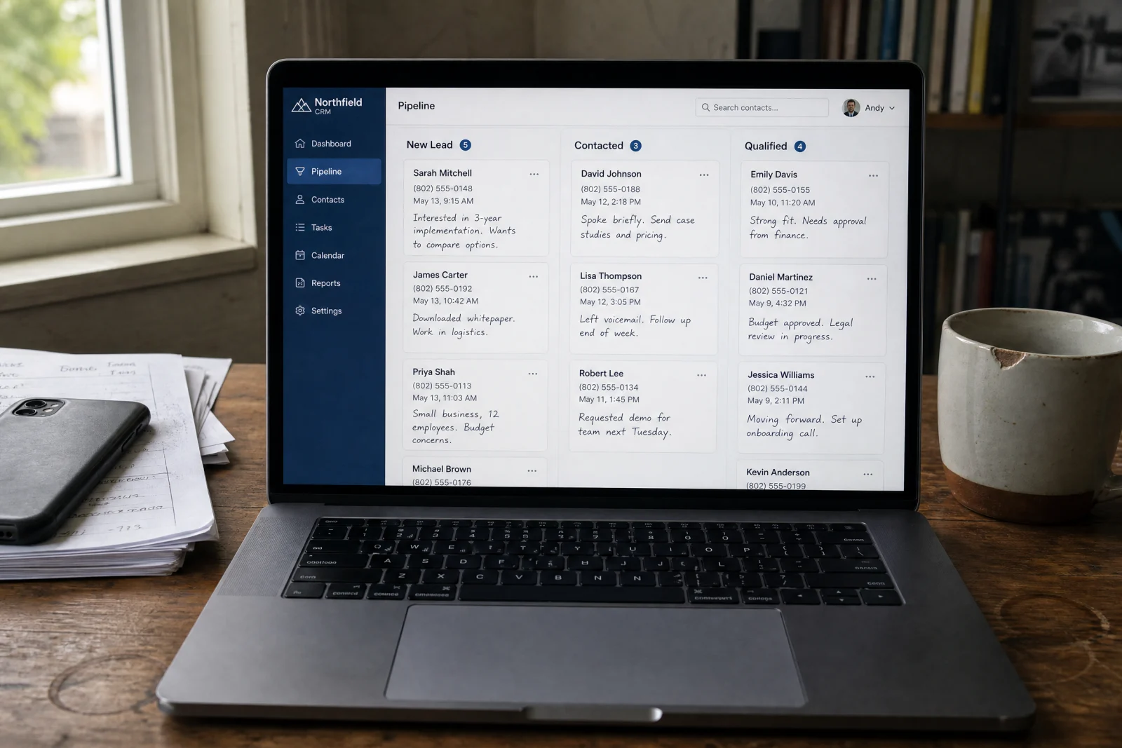 CRM pipeline dashboard displaying lead management system with contacts organized in New Lead, Contacted
