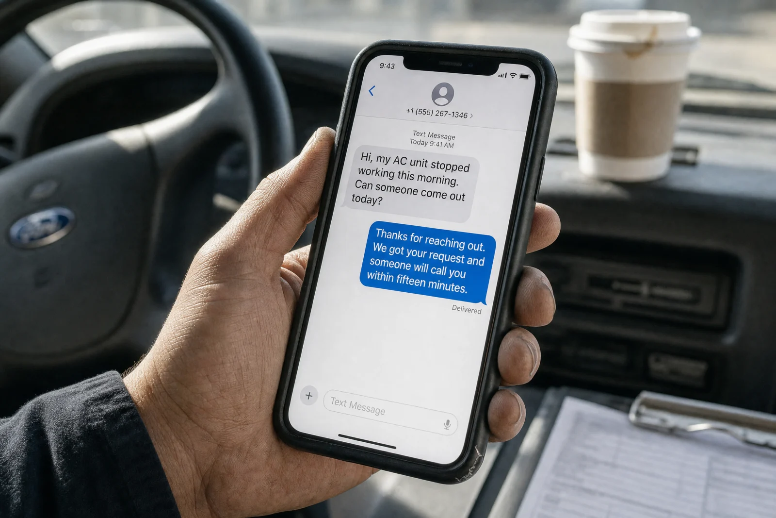 Technician holding phone displaying automated text message confirming service request received