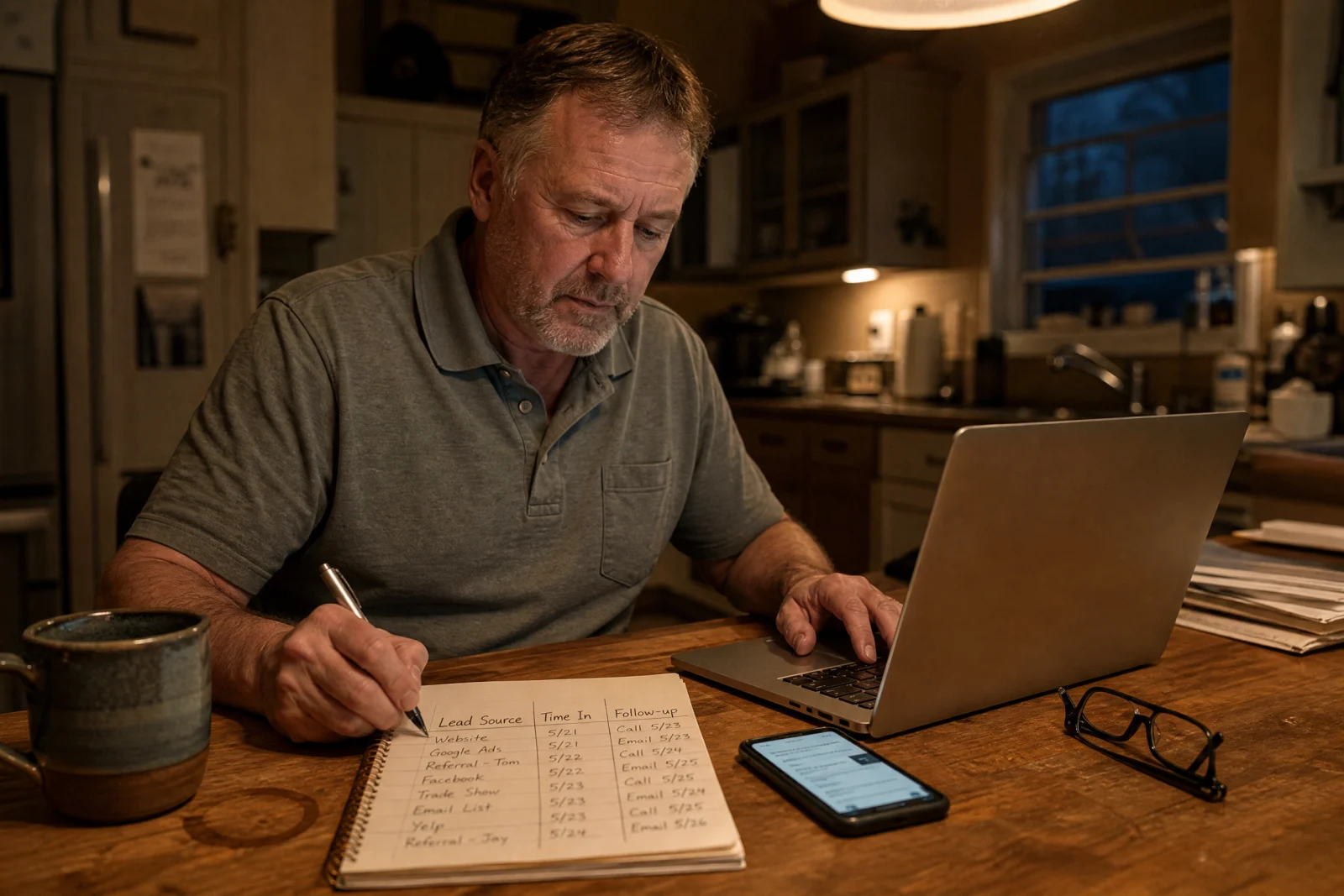 Service business owner tracking leads by hand in notebook at kitchen table with laptop and phone.