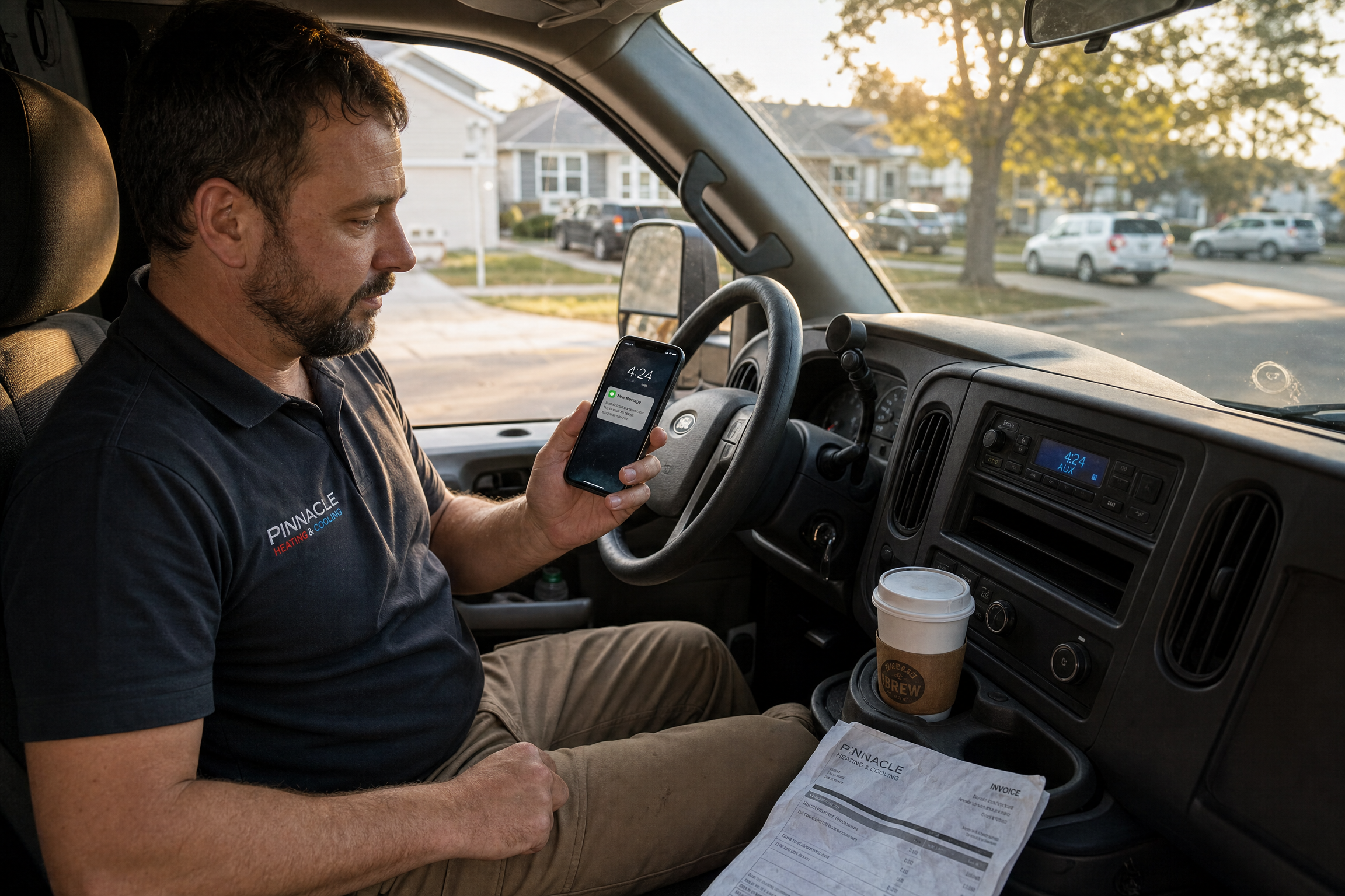 A service business owner in a work truck checking a phone showing an incoming text notification while parked at a job site