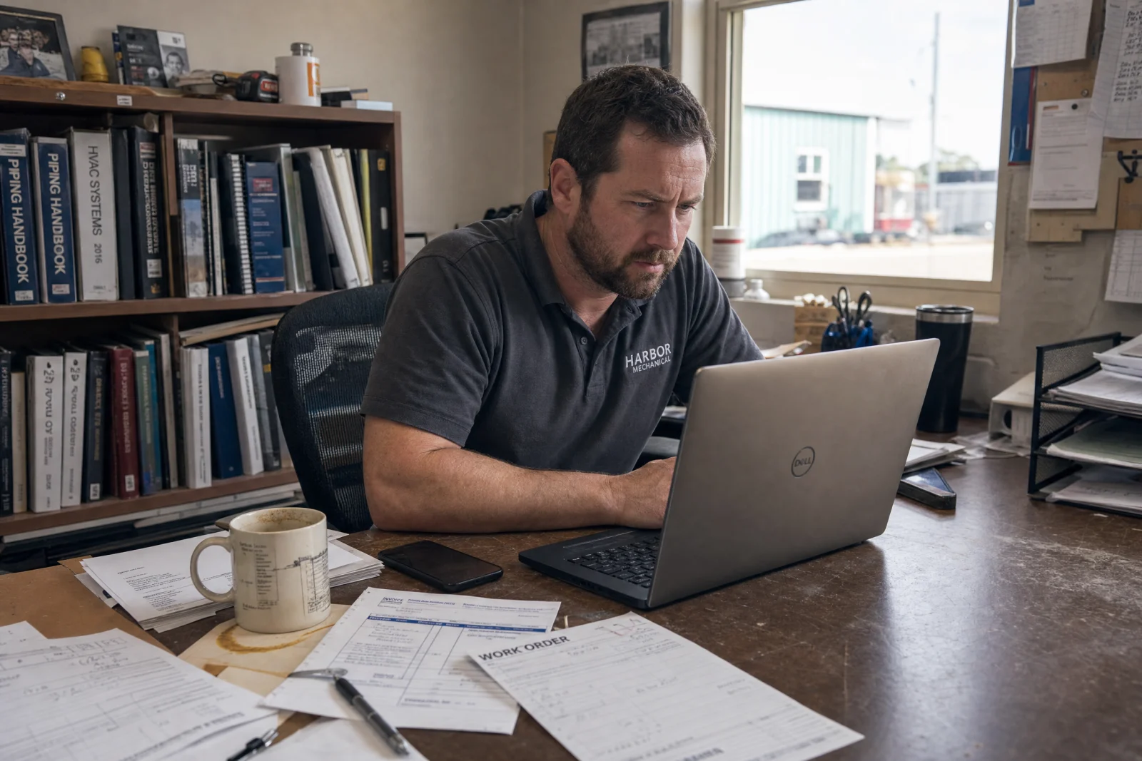Service business owner at desk reviewing laptop with work orders and phone