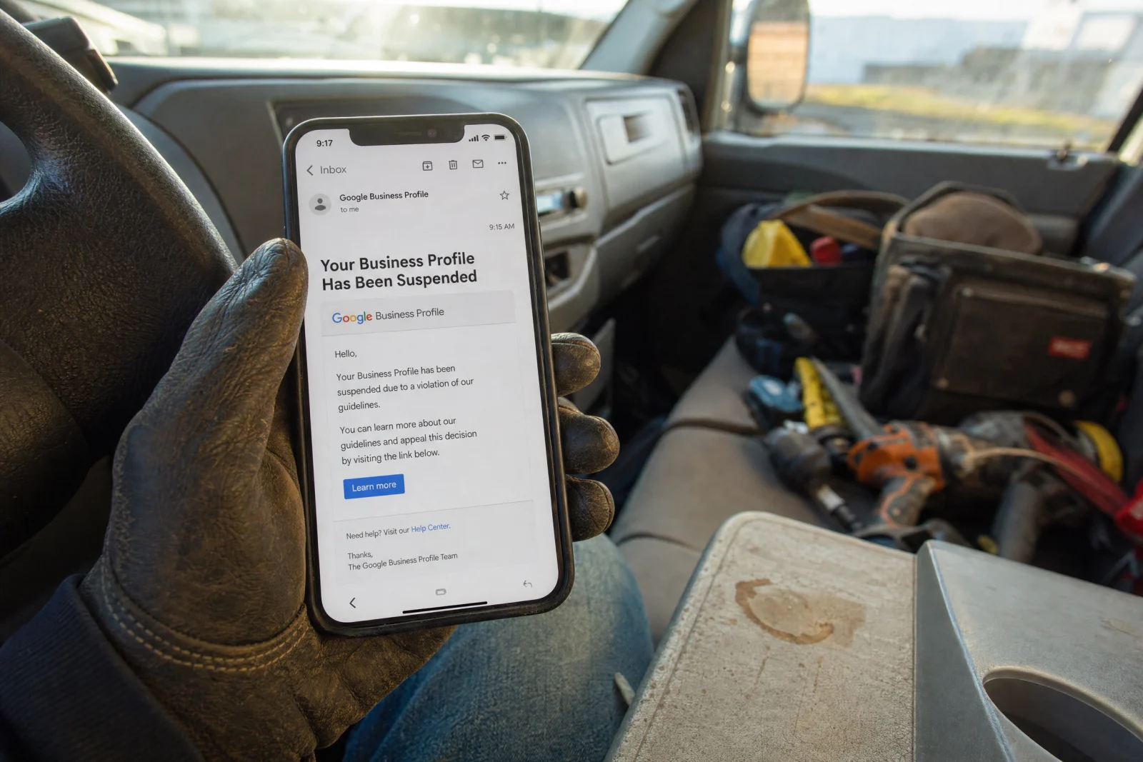 Person holding smartphone displaying Google Business Profile suspended notification email inside work vehicle.