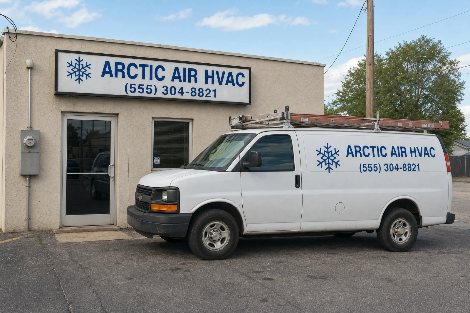 Arctic Air HVAC storefront with service van and business signage for Google Business Profile verification.