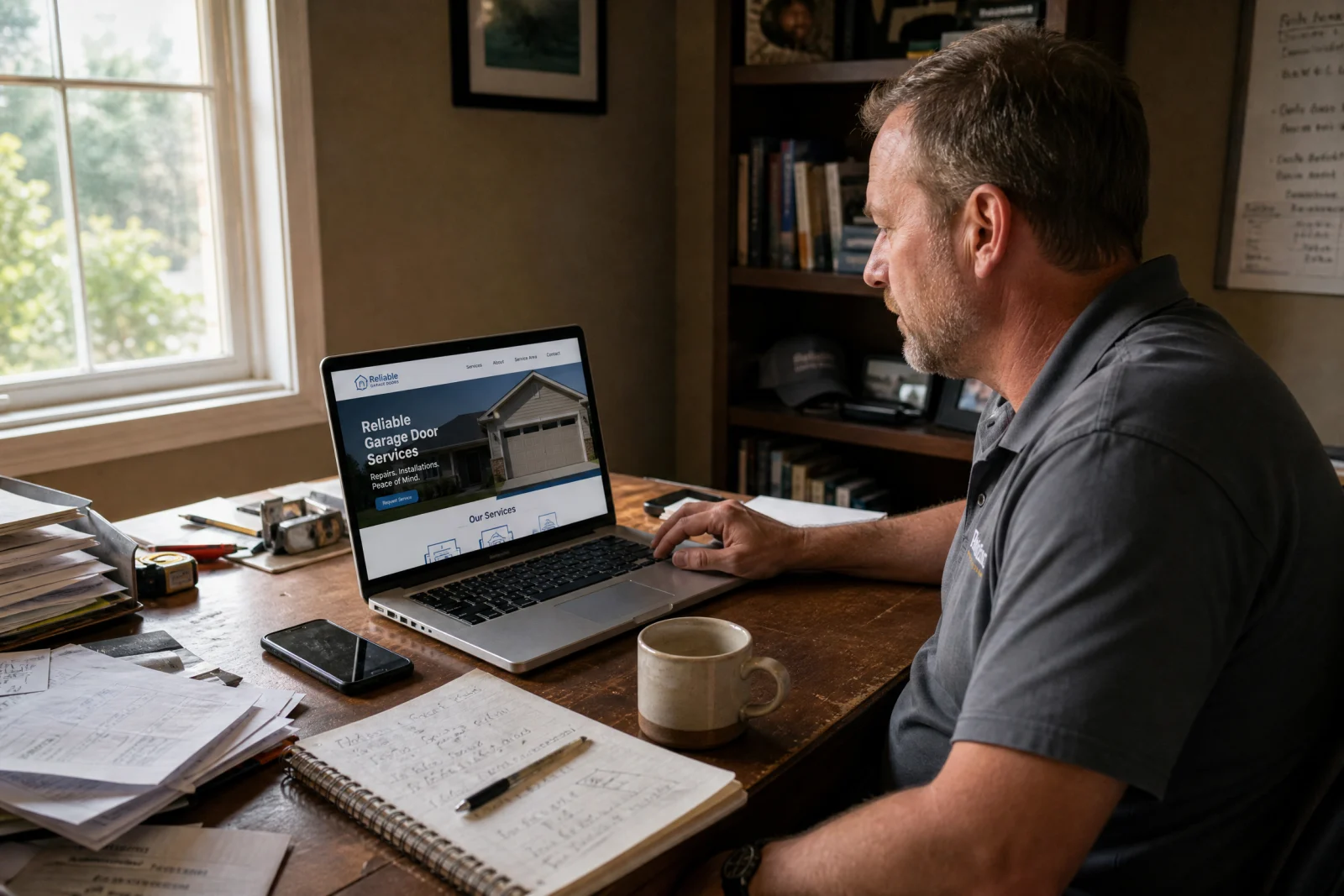 Service business website design displayed on laptop at desk with owner reviewing competitor sites and notes.
