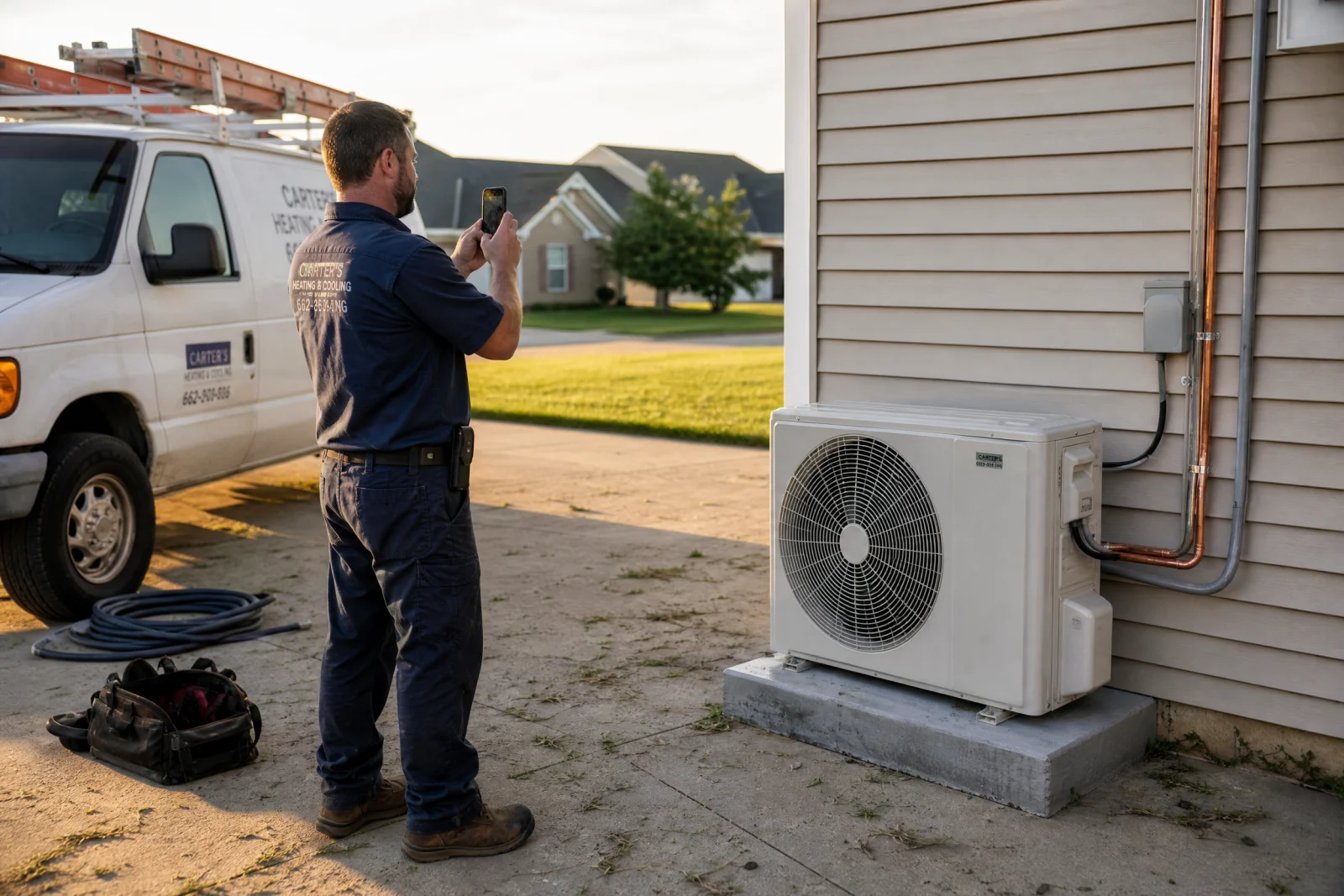 HVAC technician documenting completed air conditioning unit installation with smartphone at residential home.