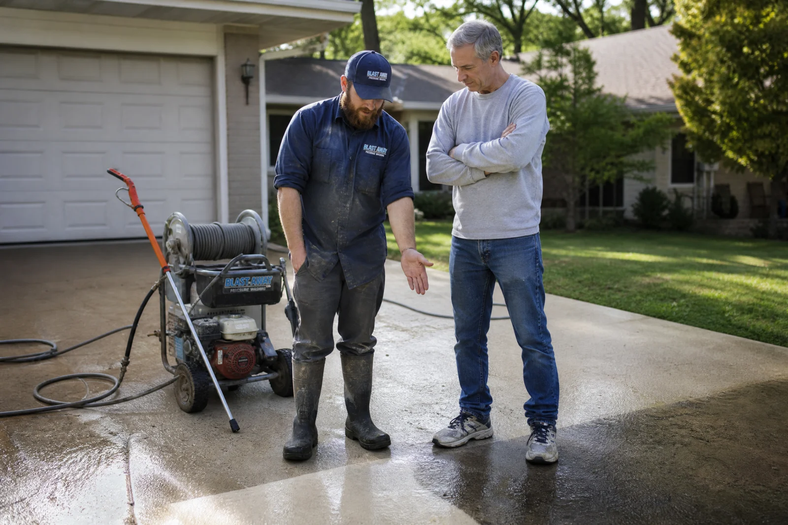 Service business owner discussing completed pressure washing job with customer on residential driveway.