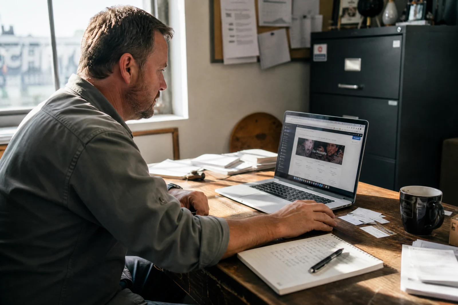 Service business website design review on laptop with notes and documentation.