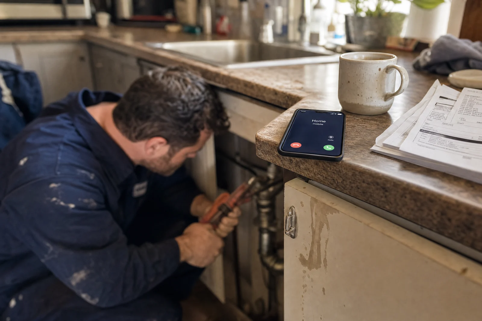 Plumber working under sink while phone rings, illustrating need for ai receptionist for small business to capture calls.