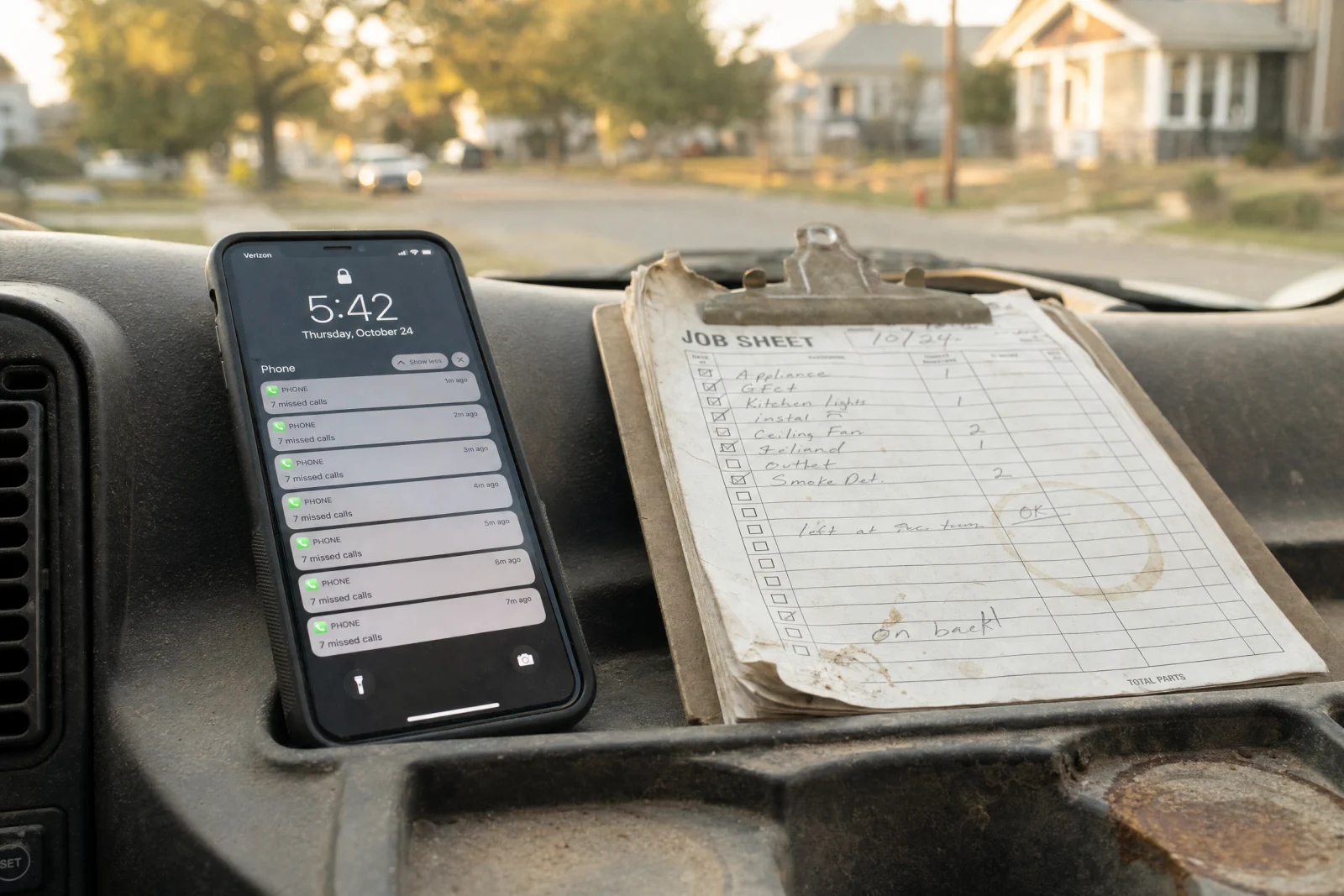 Smartphone showing multiple missed calls on truck dashboard next to handwritten job sheet, residential street background.