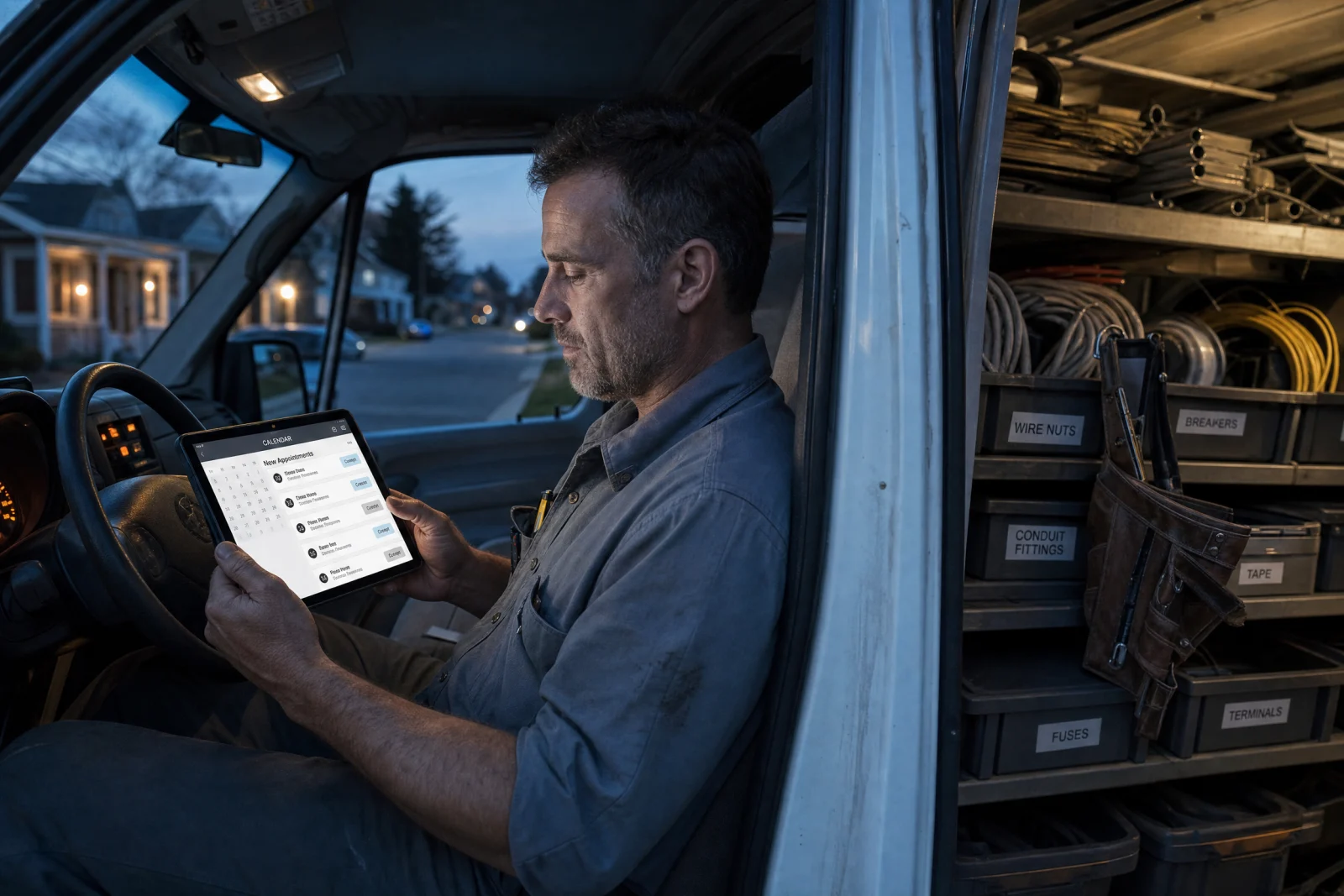 Electrician reviewing appointment notifications on tablet in work truck at dusk with tools visible in background.