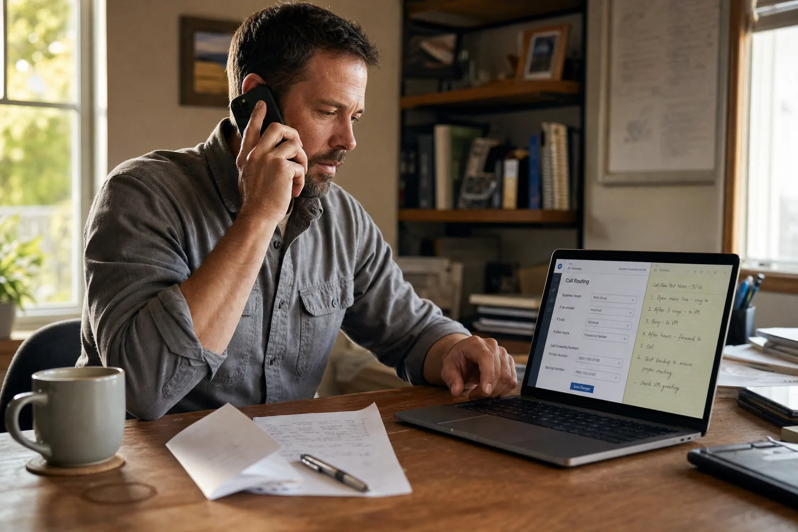 Small business owner testing AI receptionist system on laptop while taking call on smartphone at home office desk.