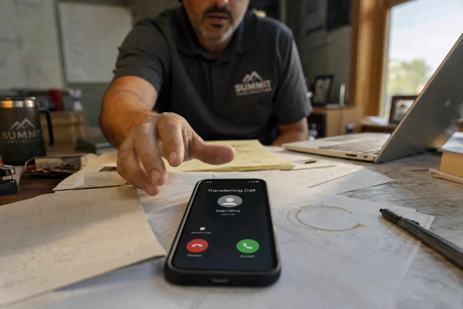 Smartphone displaying incoming call transfer on desk while business owner reaches to answer in office setting.