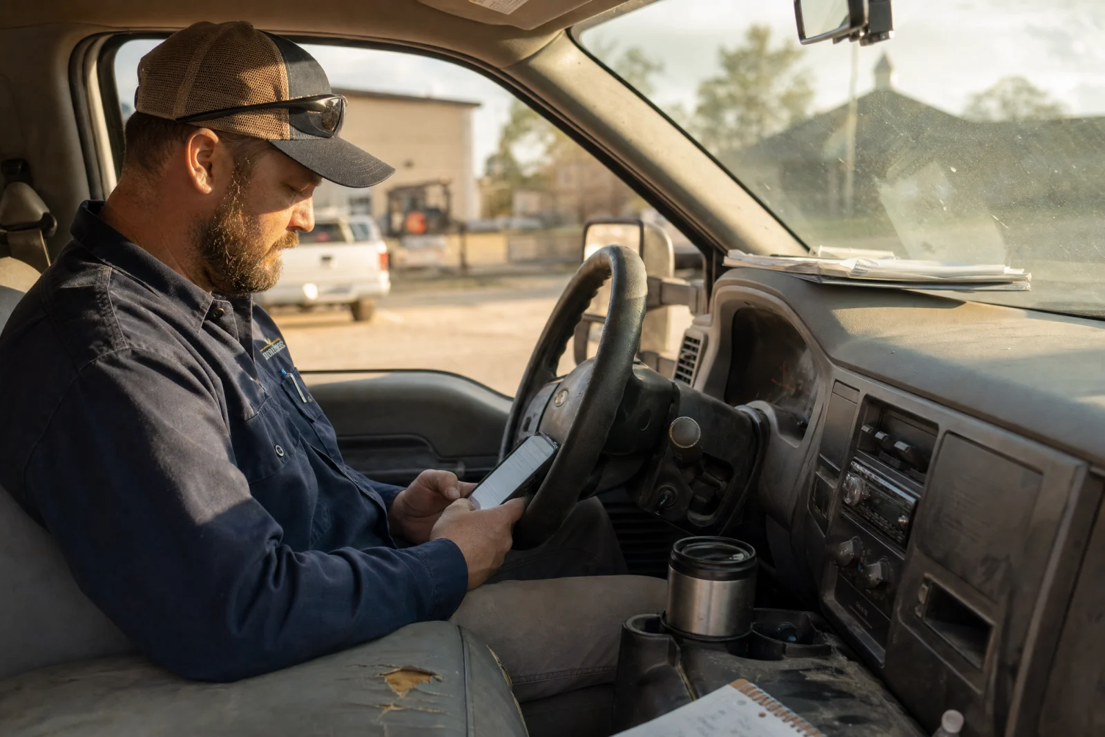 Contractor in work truck checking smartphone with coffee cup and clipboard on dashboard visible.