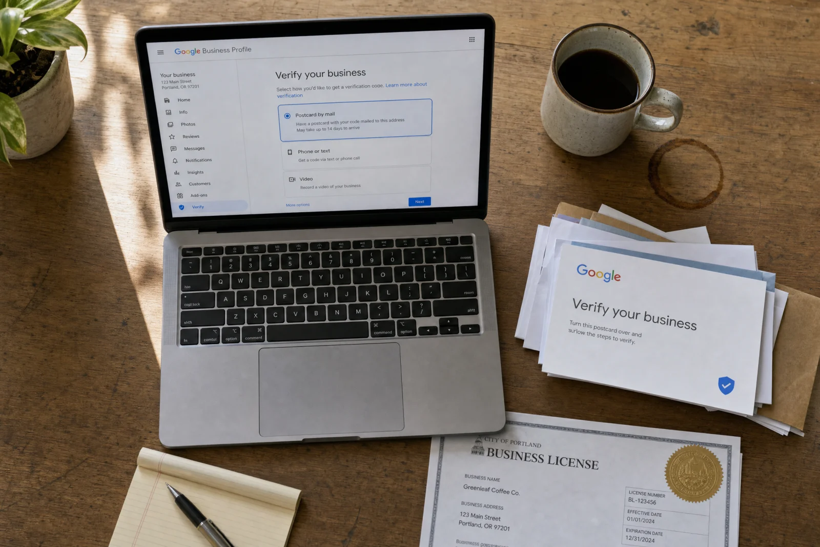 Laptop displaying Google Business Profile setup verification screen with unopened postcards and business license on desk.