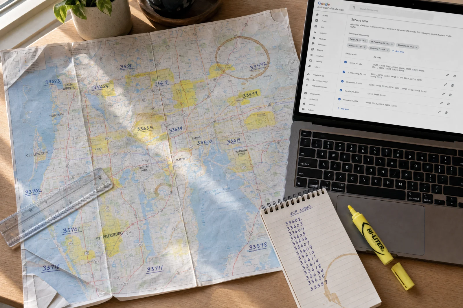 Contractor's desk with printed service area map, highlighted zip codes, notebook