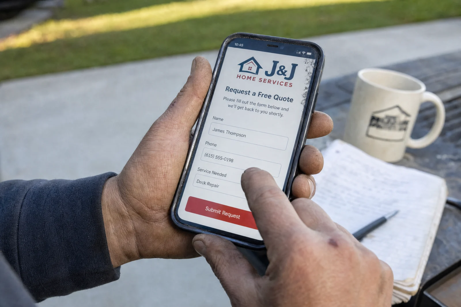 Person holding smartphone displaying J&T Home Services contact form with name, phone, and service fields on outdoor patio.