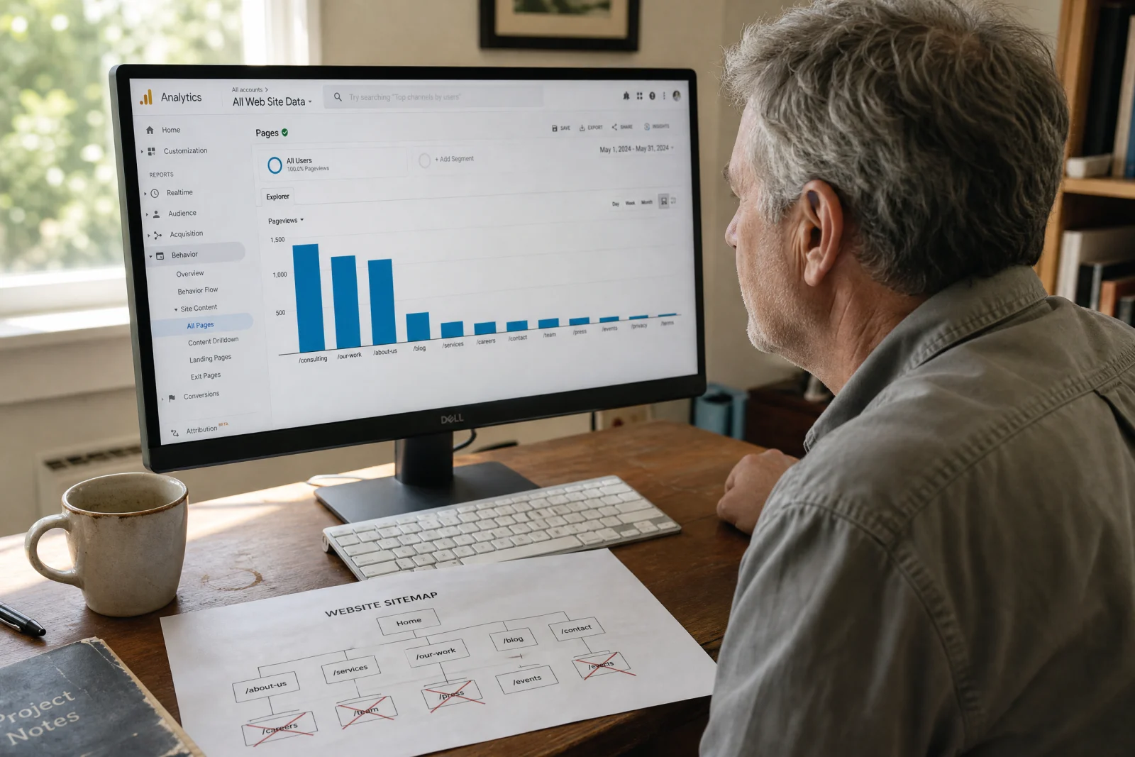 Service business owner reviewing website analytics dashboard showing page traffic performance data on monitor.