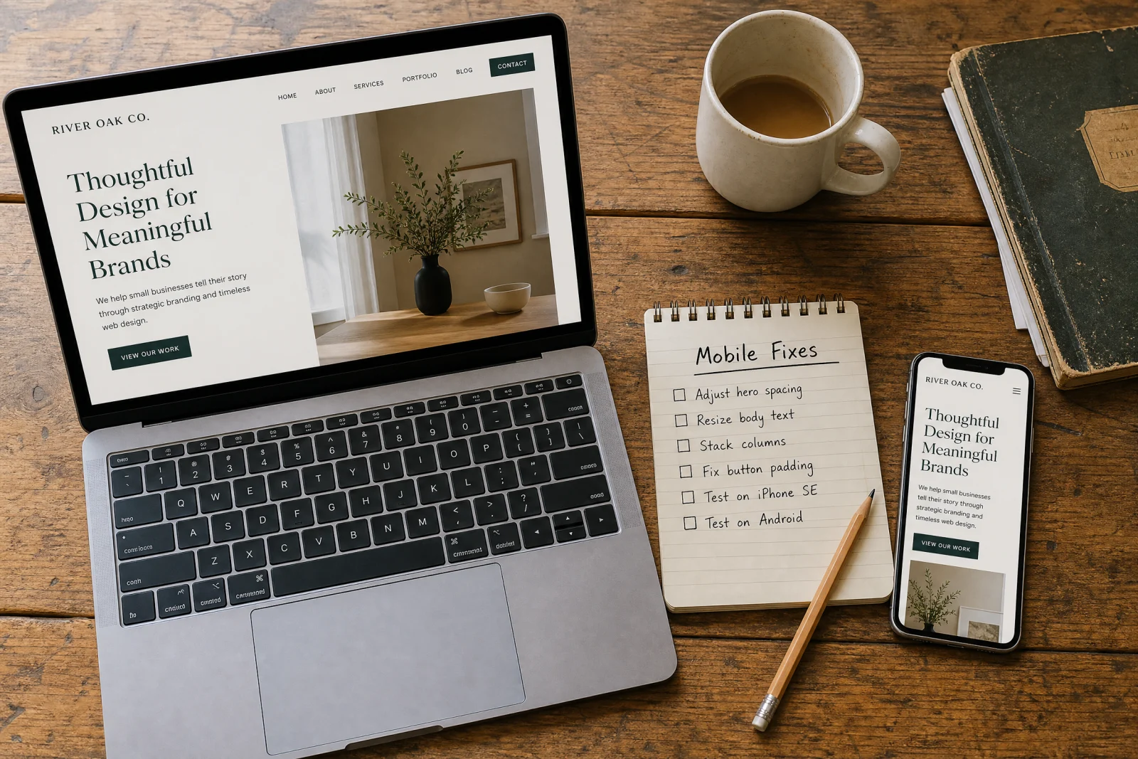 Laptop and smartphone displaying River Oak Co. website side-by-side with mobile fixes checklist