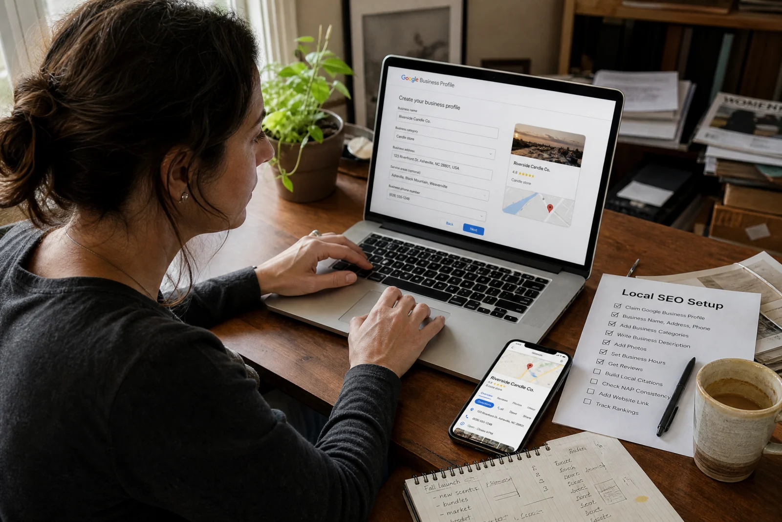Small business owner setting up Google Business Profile on laptop for local SEO and lead generation.