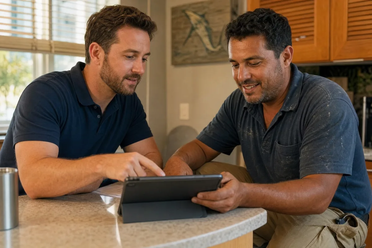 Online presence audit: a service-business owner reviewing a prioritized fix list with an advisor