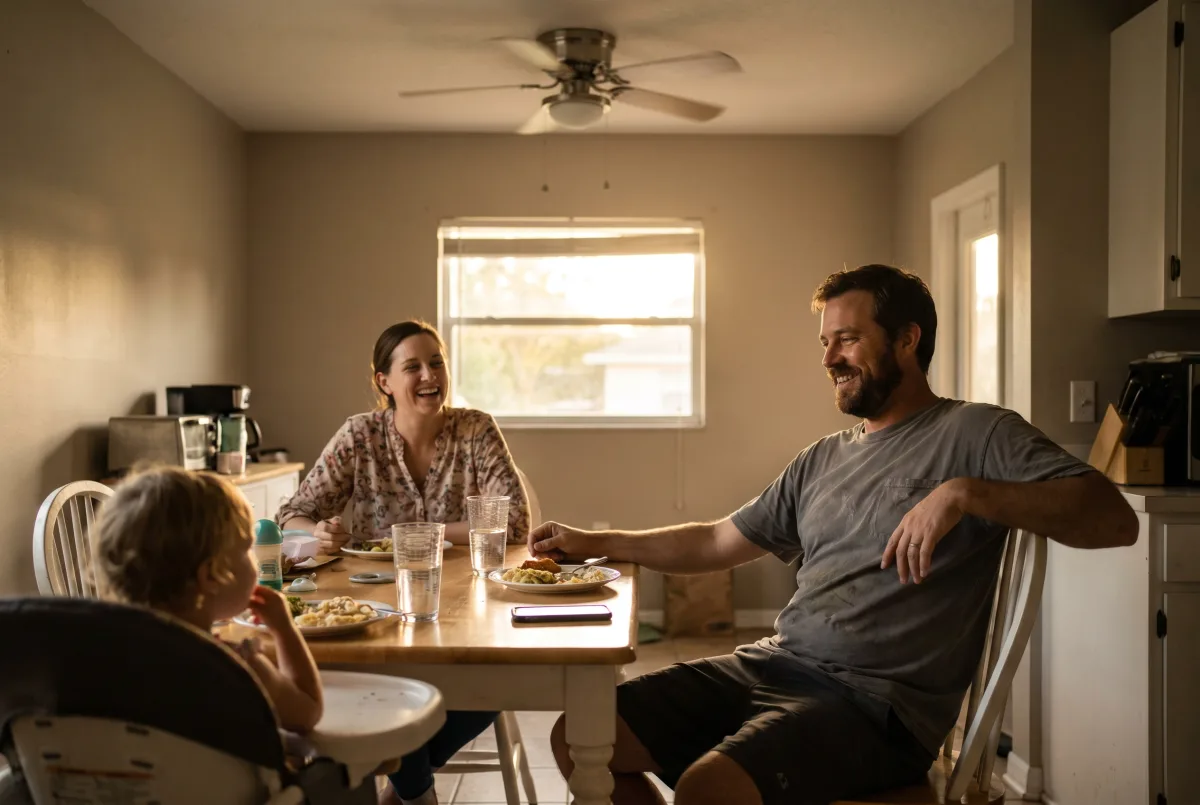 A service-business owner relaxing at home with family in the evening, off the clock