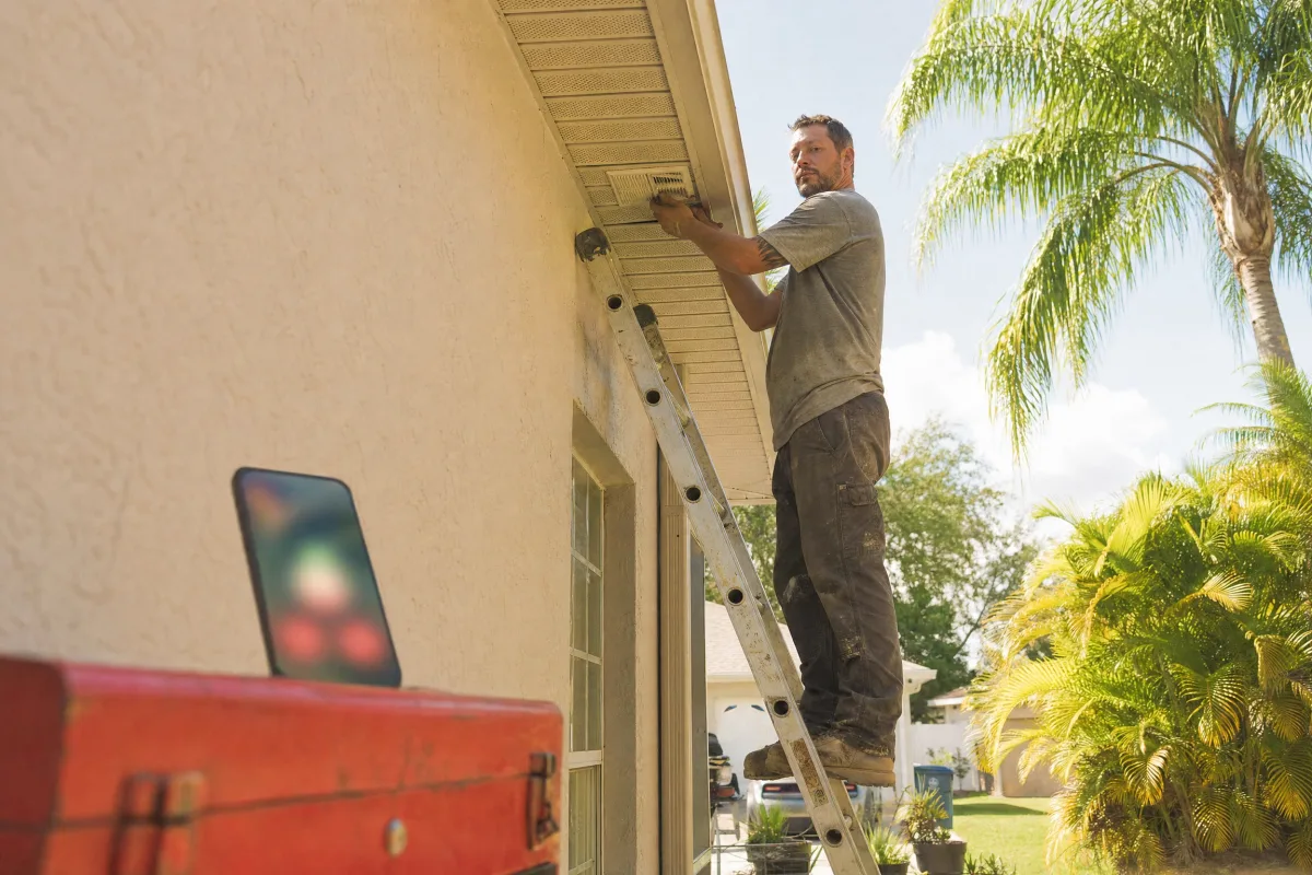 A service-business owner up a ladder while their phone lights up with a call they cannot answer