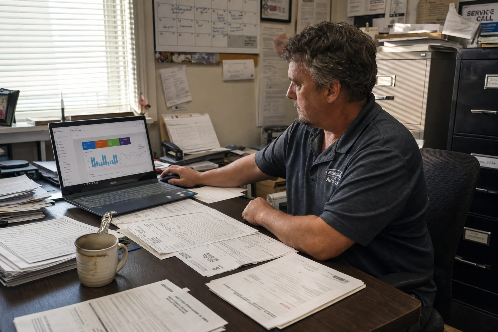 Service business owner reviewing invoices and analytics on laptop at desk