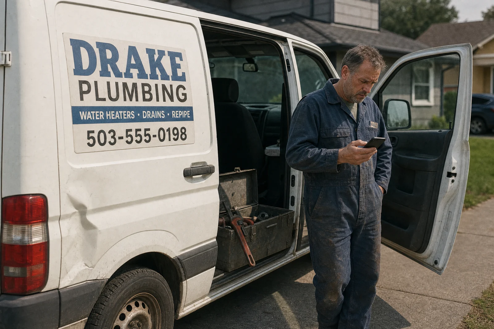 Plumber in work uniform checking phone beside Drake Plumbing van in residential driveway, waiting for calls.